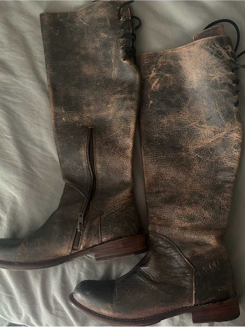 Distressed Tall Leather Bed Stu Manchester Riding Boots - Brown